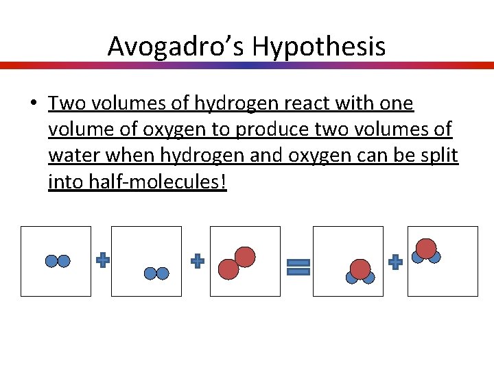 Avogadro’s Hypothesis • Two volumes of hydrogen react with one volume of oxygen to