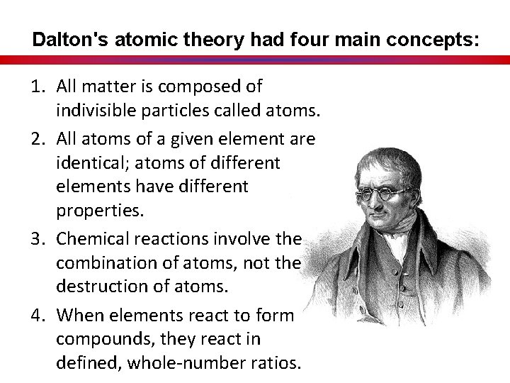Dalton's atomic theory had four main concepts: 1. All matter is composed of indivisible