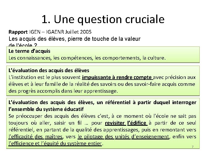 1. Une question cruciale Rapport IGEN – IGAENR Juillet 2005 Les acquis des élèves,