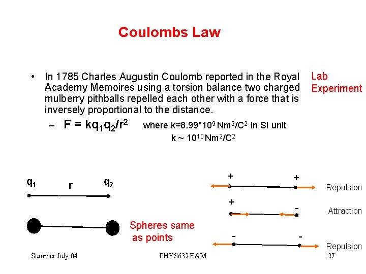 Coulombs Law • In 1785 Charles Augustin Coulomb reported in the Royal Academy Memoires