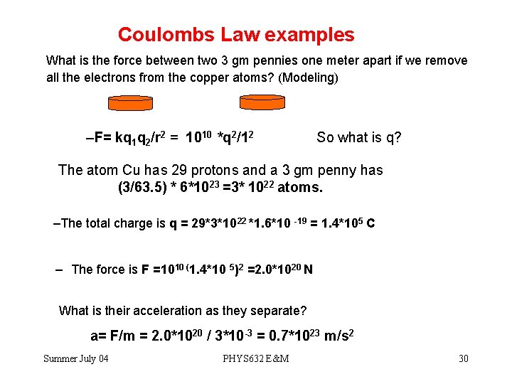 Coulombs Law examples What is the force between two 3 gm pennies one meter
