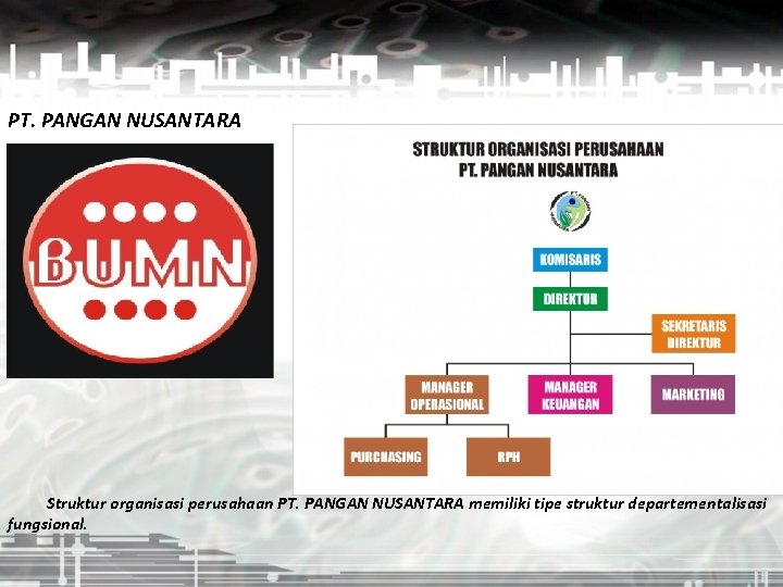 PT. PANGAN NUSANTARA Struktur organisasi perusahaan PT. PANGAN NUSANTARA memiliki tipe struktur departementalisasi fungsional.