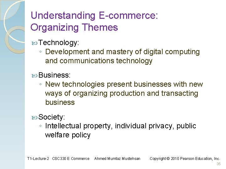 Understanding E-commerce: Organizing Themes Technology: ◦ Development and mastery of digital computing and communications Understanding E-commerce: Organizing Themes Technology: ◦ Development and mastery of digital computing and communications