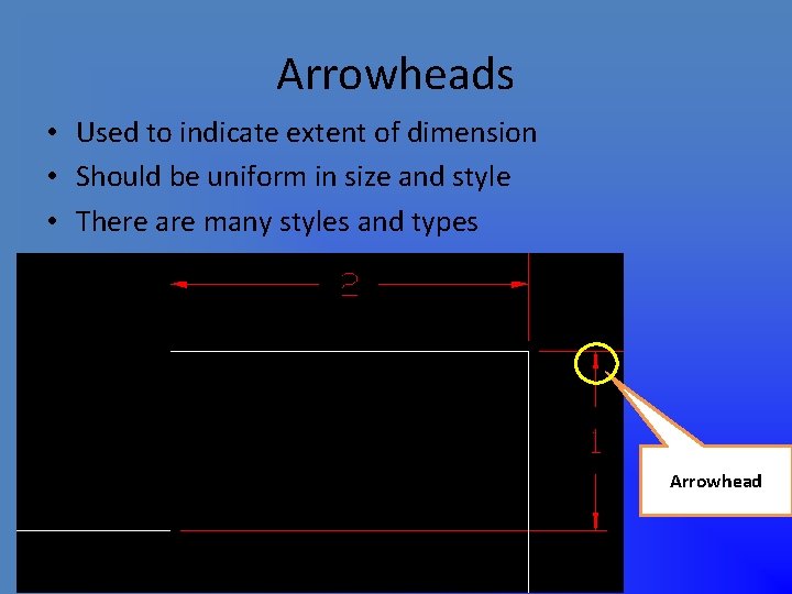 Arrowheads • Used to indicate extent of dimension • Should be uniform in size