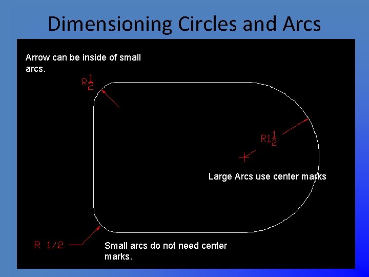 Dimensioning Circles and Arcs Arrow can be inside of small arcs. Large Arcs use