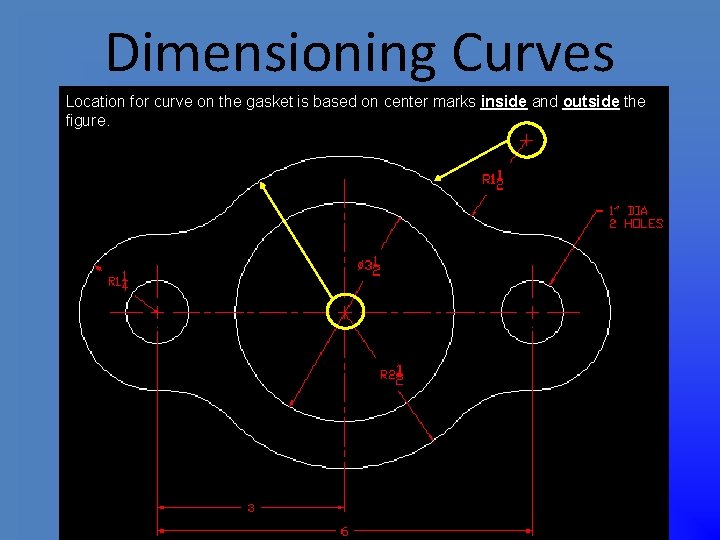 Dimensioning Curves Location for curve on the gasket is based on center marks inside