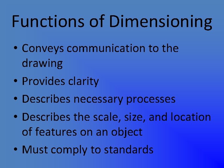 Functions of Dimensioning • Conveys communication to the drawing • Provides clarity • Describes