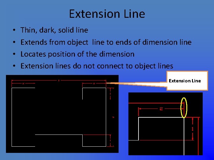 Extension Line • • Thin, dark, solid line Extends from object line to ends