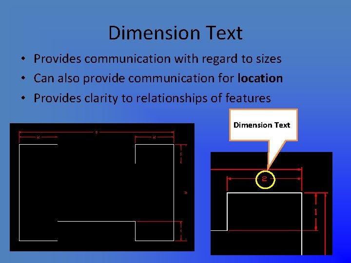 Dimension Text • Provides communication with regard to sizes • Can also provide communication
