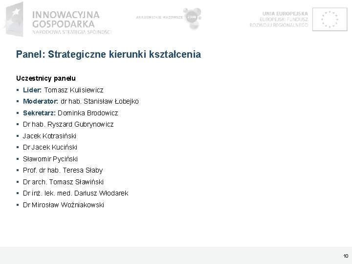 Panel: Strategiczne kierunki kształcenia Uczestnicy panelu Lider: Tomasz Kulisiewicz Moderator: dr hab. Stanisław Łobejko