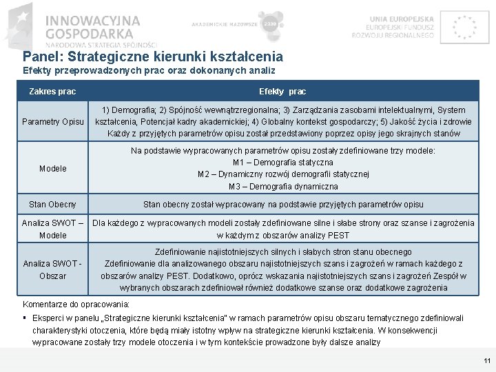 Panel: Strategiczne kierunki kształcenia Efekty przeprowadzonych prac oraz dokonanych analiz Zakres prac Efekty prac