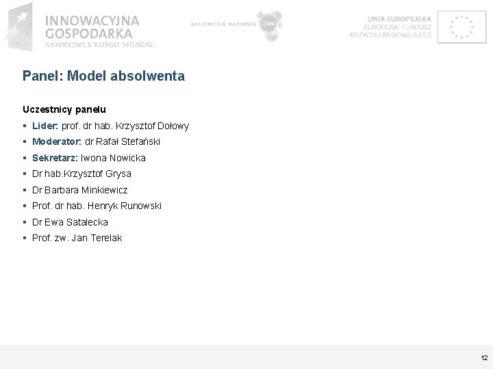 Panel: Model absolwenta Uczestnicy panelu Lider: prof. dr hab. Krzysztof Dołowy Moderator: dr Rafał