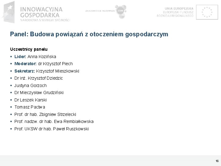 Panel: Budowa powiązań z otoczeniem gospodarczym Uczestnicy panelu Lider: Anna Kozińska Moderator: dr Krzysztof