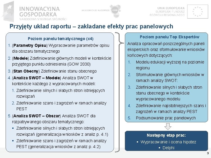 Przyjęty układ raportu – zakładane efekty prac panelowych Poziom panelu Top Ekspertów Poziom panelu