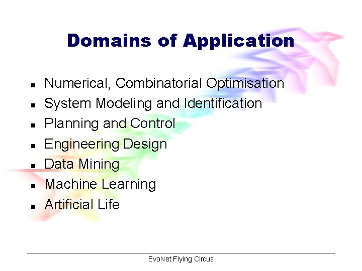 Domains of Application n n n Numerical, Combinatorial Optimisation System Modeling and Identification Planning