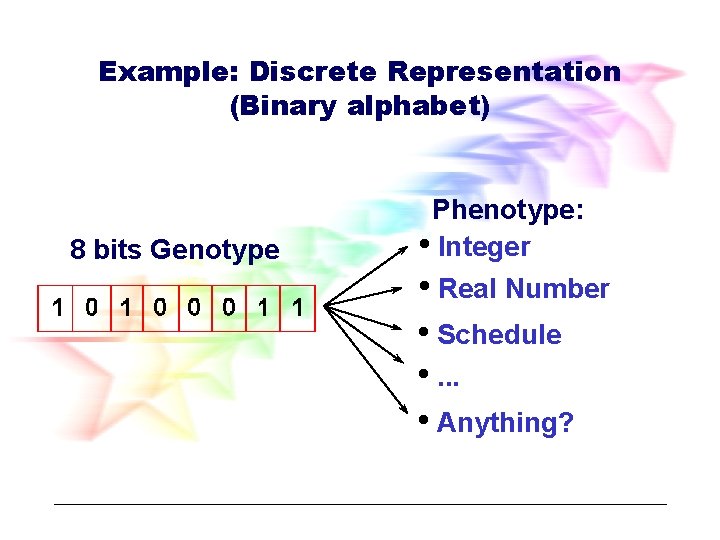 Example: Discrete Representation (Binary alphabet) 8 bits Genotype Phenotype: • Integer • Real Number