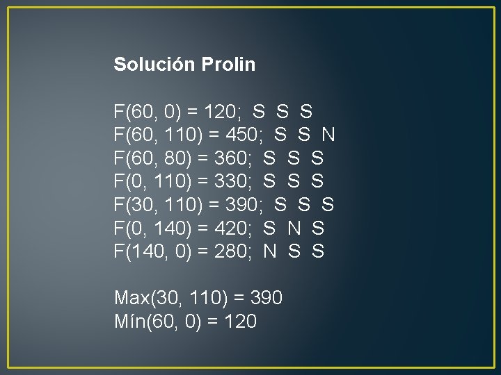 Solución Prolin F(60, 0) = 120; S S S F(60, 110) = 450; S