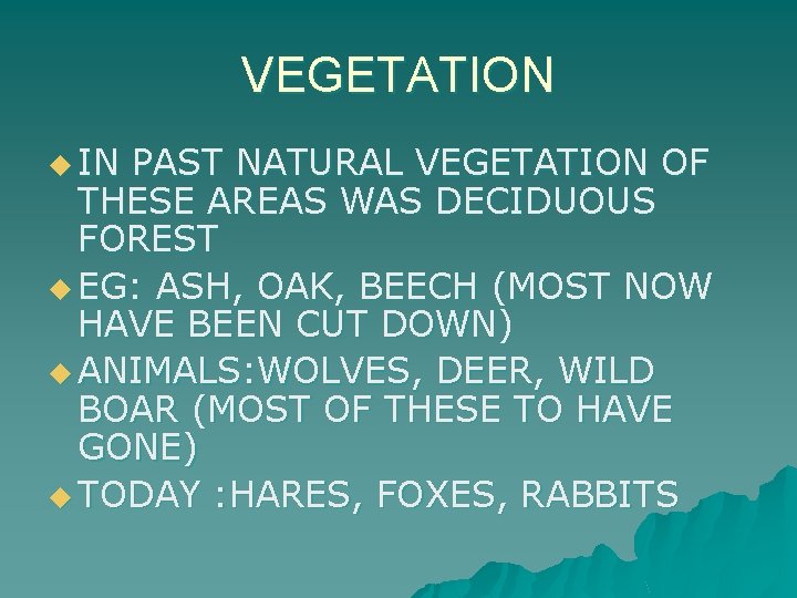 VEGETATION u IN PAST NATURAL VEGETATION OF THESE AREAS WAS DECIDUOUS FOREST u EG: