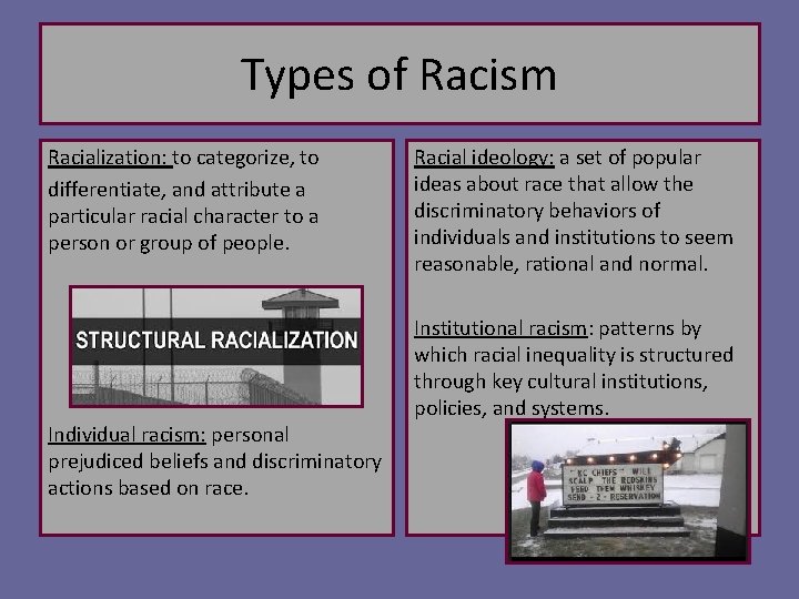Types of Racism Racialization: to categorize, to differentiate, and attribute a particular racial character