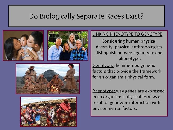 Do Biologically Separate Races Exist? LINKING PHENOTYPE TO GENOTYPE Considering human physical diversity, physical