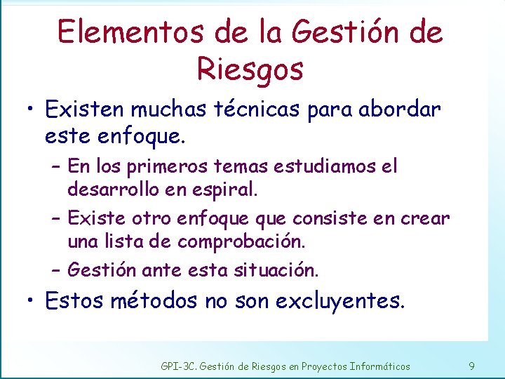 Elementos de la Gestión de Riesgos • Existen muchas técnicas para abordar este enfoque.