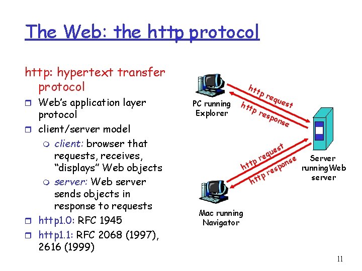 The Web: the http protocol http: hypertext transfer protocol r Web’s application layer protocol