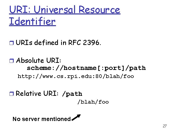 URI: Universal Resource Identifier r URIs defined in RFC 2396. r Absolute URI: scheme: