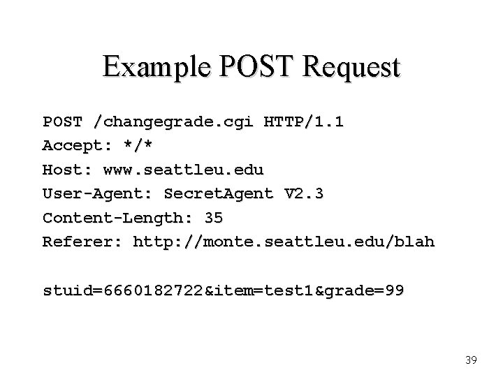 Example POST Request POST /changegrade. cgi HTTP/1. 1 Accept: */* Host: www. seattleu. edu