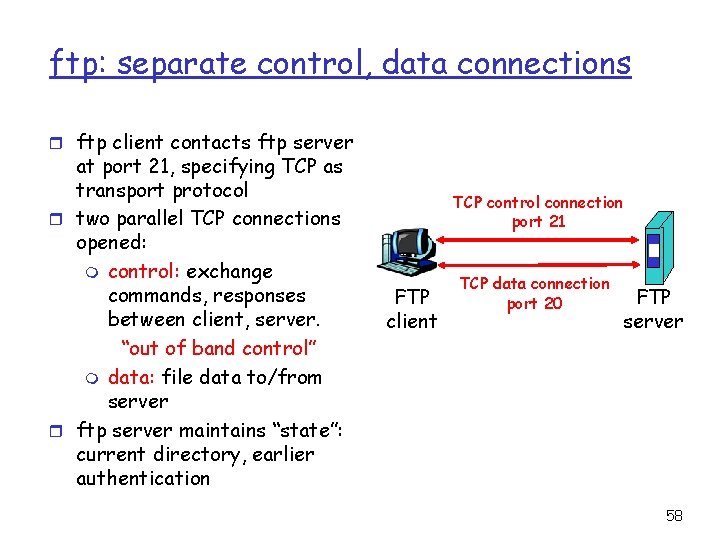 ftp: separate control, data connections r ftp client contacts ftp server at port 21,