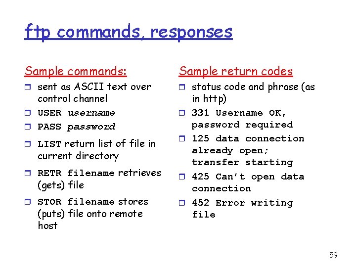 ftp commands, responses Sample commands: Sample return codes r sent as ASCII text over