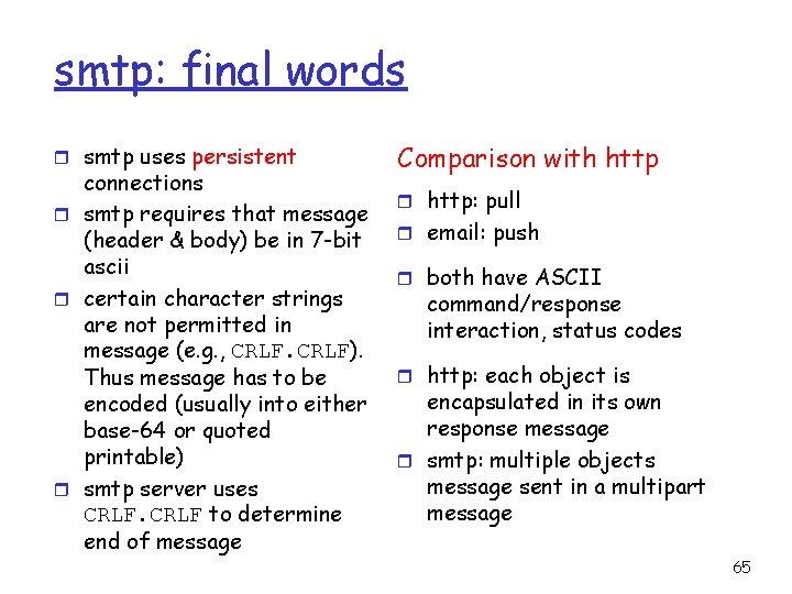 smtp: final words r smtp uses persistent connections r smtp requires that message (header