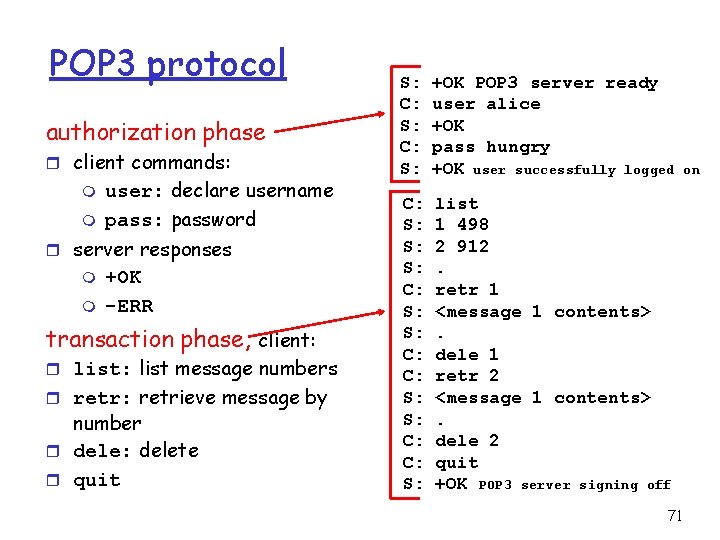 POP 3 protocol authorization phase r client commands: m m user: declare username pass: