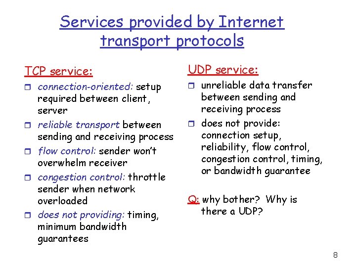 Services provided by Internet transport protocols TCP service: r connection-oriented: setup r r required