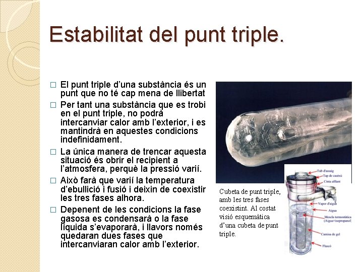 Estabilitat del punt triple. � � � El punt triple d’una substància és un