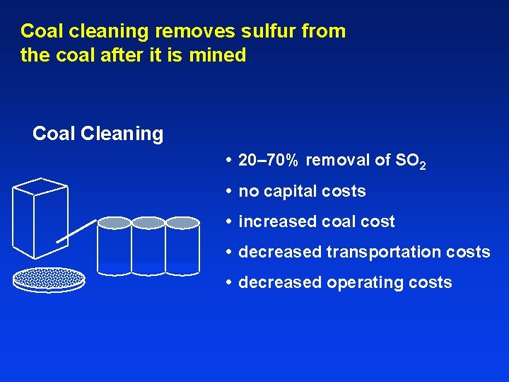 Coal cleaning removes sulfur from the coal after it is mined Coal Cleaning •