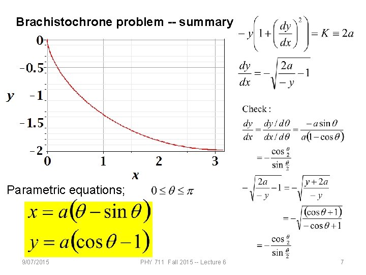 Brachistochrone problem -- summary Parametric equations; 9/07/2015 PHY 711 Fall 2015 -- Lecture 6
