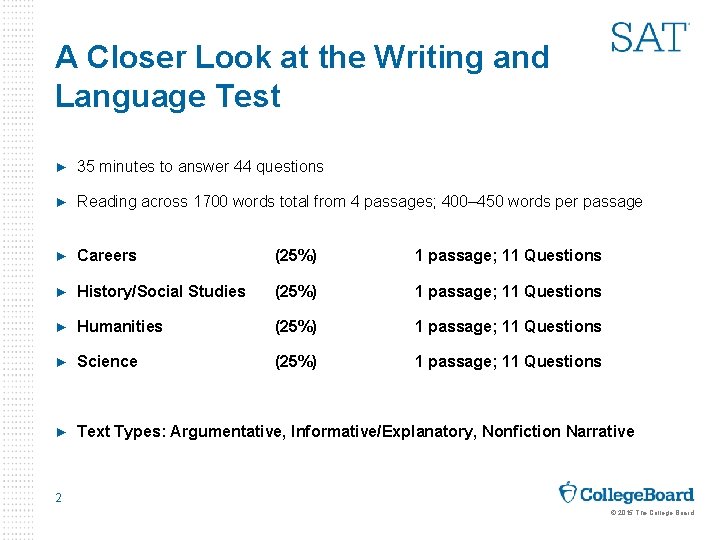 A Closer Look at the Writing and Language Test ► 35 minutes to answer