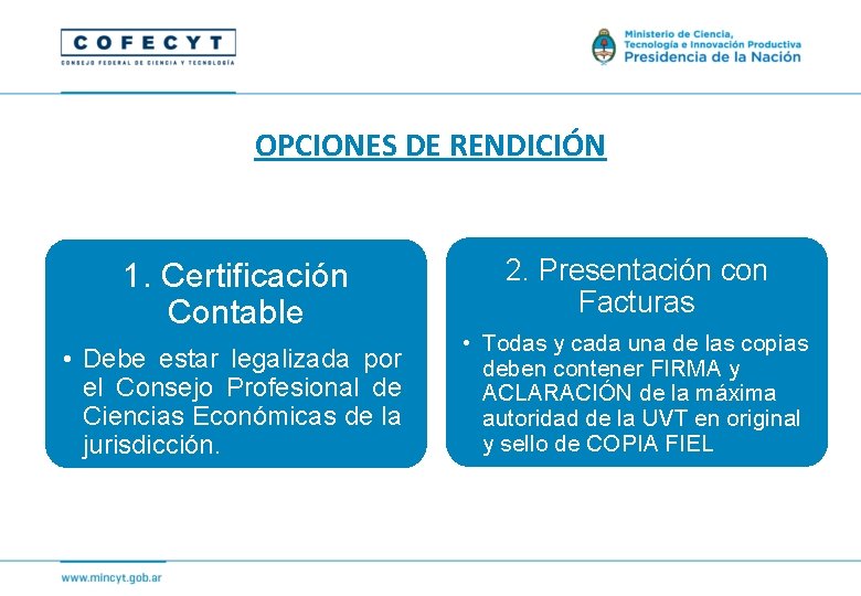 OPCIONES DE RENDICIÓN 1. Certificación Contable • Debe estar legalizada por el Consejo Profesional