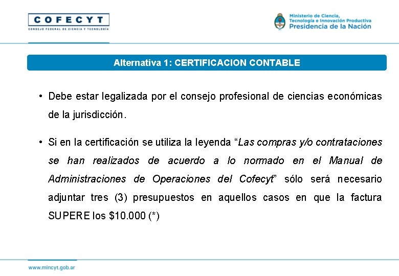 Alternativa 1: CERTIFICACION CONTABLE • Debe estar legalizada por el consejo profesional de ciencias