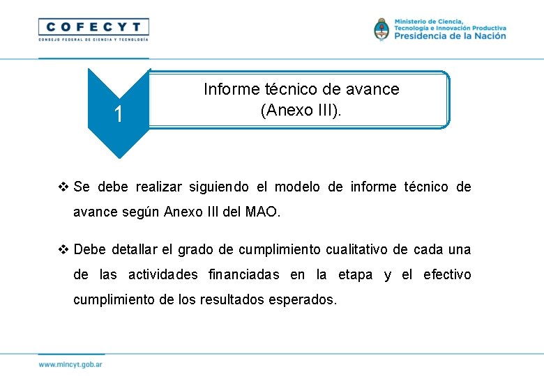 1 Informe técnico de avance (Anexo III). v Se debe realizar siguiendo el modelo