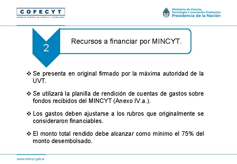 2 Recursos a financiar por MINCYT. v Se presenta en original firmado por la