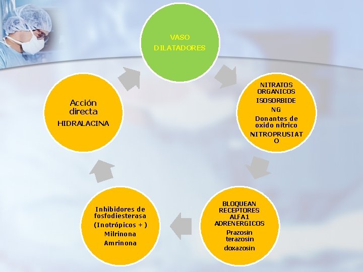 VASO DILATADORES Acción directa HIDRALACINA Inhibidores de fosfodiesterasa (Inotrópicos +) Milrinona Amrinona NITRATOS ORGANICOS