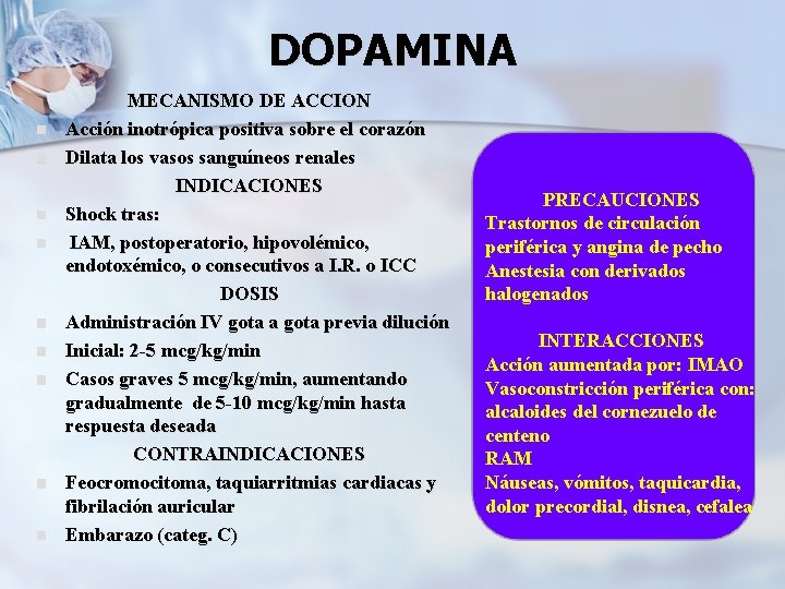 DOPAMINA n n n n n MECANISMO DE ACCION Acción inotrópica positiva sobre el