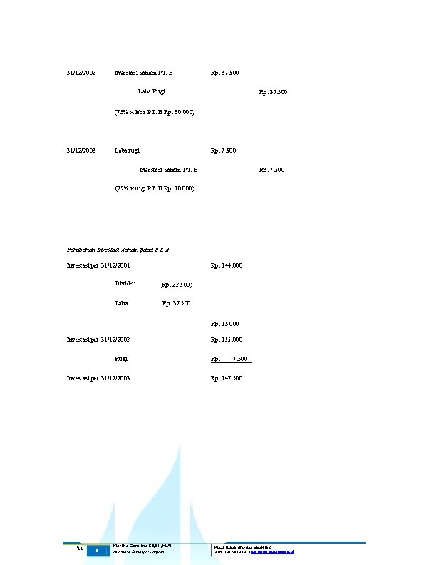 31/12/2002 Investasi Saham PT. B Rp. 37. 500 Laba Rugi Rp. 37. 500 (75%