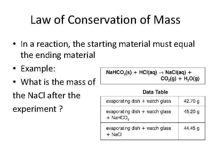 Law of Conservation of Mass • In a reaction, the starting material must equal