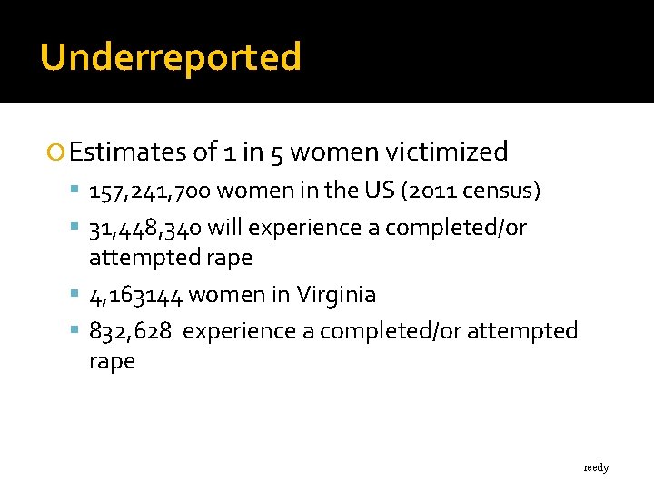 Underreported Estimates of 1 in 5 women victimized 157, 241, 700 women in the