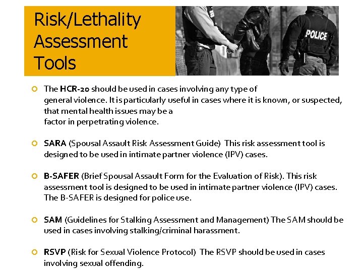 Risk/Lethality Assessment Tools The HCR-20 should be used in cases involving any type of