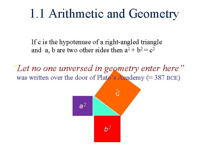 1. 1 Arithmetic and Geometry Theorem of Pythagoras If c is the hypotenuse of