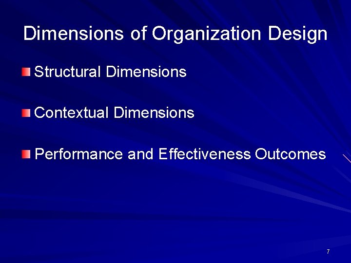 Dimensions of Organization Design Structural Dimensions Contextual Dimensions Performance and Effectiveness Outcomes 7 