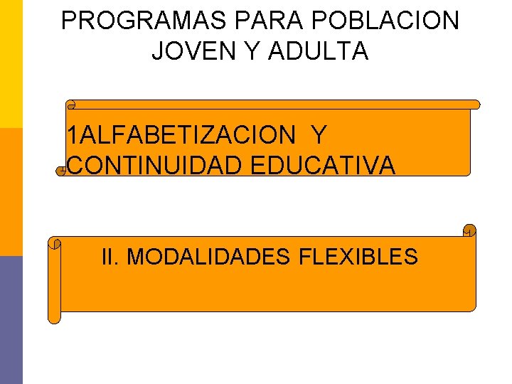 PROGRAMAS PARA POBLACION JOVEN Y ADULTA 1 ALFABETIZACION Y CONTINUIDAD EDUCATIVA II. MODALIDADES FLEXIBLES